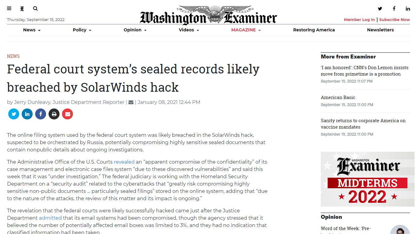 Federal court system’s sealed records likely breached by SolarWinds ...